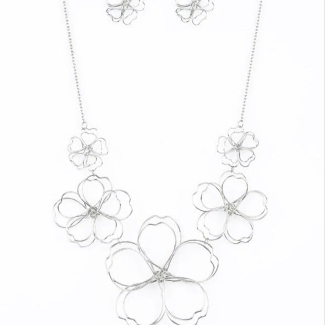 Paparazzi Silver Floral Necklace Set The Show Must Grow On Fashion Jewelry